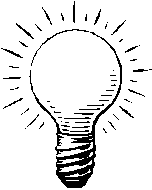 Black and white drawing of a lightbulb. Lightbulb is oriented upright and has light rays coming off of it.